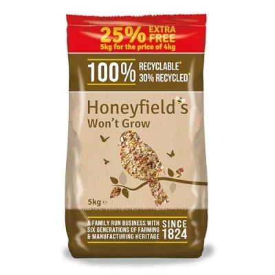 Image of No Grow Bird Seed Mix for Wild Birds Food Small Patios and Non Grass Areas, Kibbled Sunflower Hearts, Peanuts, Ground Feeding Tables (5kg) Honeyfield’s
