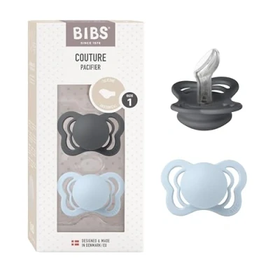 Image of BIBS Couture Soother 2 Pack, BPA Free Dummy Pacifier, Anatomical Nipple. Silicone, Size 1 (0 6 Months), Iron/Baby Blue