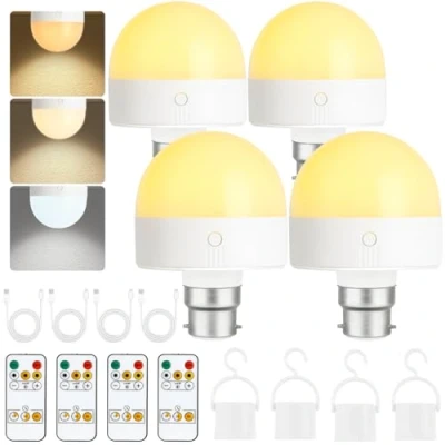 Image of Psatfito Rechargeable Light Bulb with Timer and Remote, Dimmable Battery Bulbs Magnetic Base, B22 Detachable Charging LED Bulb, Non Hardwired Lamps 3 Color Temperatures, 4 Packs