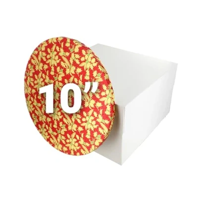 Image of Culpitt Christmas Cake Board &amp; Box Set 10&quot;, Red White Gold Holly Drum, Festive Transport Combo