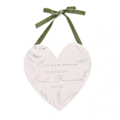 Image of Widdop &amp; Co. Love Story Bridesmaid Heart Hanging Wooden Plaque with Green Velvet Ribbon Wedding Keepsake Gifting for Special Memories, Home Decor, Gifting, Presents Best Friends.