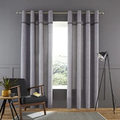 Image of Catherine Lansfield Melville Woven Texture Cotton 66x54 Inch Eyelet Unlined Curtains Two Panels Grey