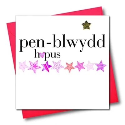 Image of Claire Giles Hearts and Stars Welsh Penblwydd Hapus Pink Happy Birthday Card