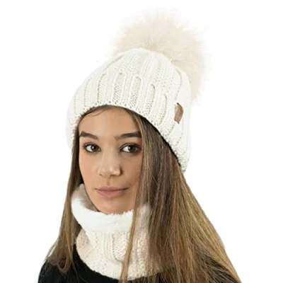 Image of TOSKATOK Ladies Womens Winter Rib Seed Stitch Beanie Bobble Hat with Warm Cosy Fleece Liner &amp; Large Faux Fur Pom Cream Set