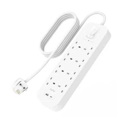 Image of Belkin 8 Outlet Surge Protector Power Strip, Wall Mountable with AC Outlets, 2M Cord, &amp; Green Indicator Light USB C Port A w/USB PD Fast Charging 900 Joules of Protection