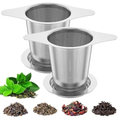 Image of 2Pcs Tea Infuser for Loose Tea, 304 Stainless Steel Strainer with Lid and Double Handles, Large Capacity Filter Ultra Fine Mesh Steeper Basket Dishwasher Safe Teapots Mugs