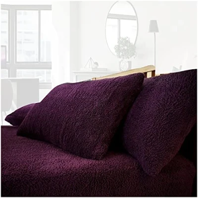 Image of GC GAVENO CAVAILIA 2 Pack Teddy Fleece Pillow Cases 100% Polyester Thermal Warm &amp; Cozy Pair of Soft Fluffy Plain Aubergine