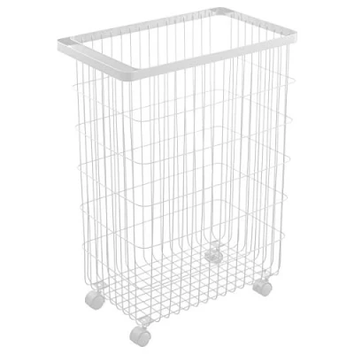 Image of Yamazaki 4776 TOWER Laundry Basket With Wheels, white, Steel/Nylon, Minimalist, 28 x 46.5 61 cm