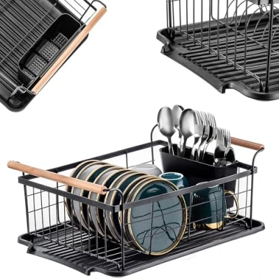 Image of KADAX Dish Drainer (Black) Powder coated Steel Wire, Innovative Shape, Bamboo Handles, Cutlery Basket, Solid Tray, 43.5 x 29.5 16 cm