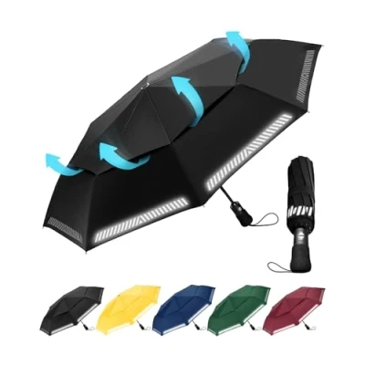 Image of Chakipee Umbrella Windproof Strong Compact Travel Black Pocket Automatic Reflective Safety Strip Folding Outdoor for Rain Inverted Umbrellas Men and Women 8 Ribs Double Canopy Portable