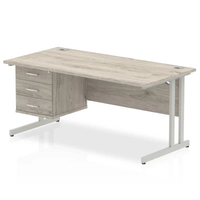 Image of Impulse 1600 Rectangle Silver Cant Leg Desk Grey Oak 1 x 3 Drawer Fixe