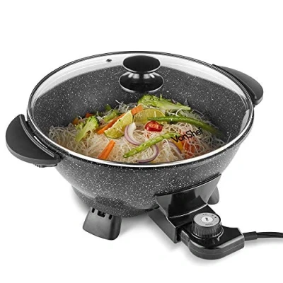 Image of VonShef Electric Wok Non Stick 5L Frying Pan with Lid, Multicooker Skillet, 4 Adjustable Temperature Controls up to 230C, Cool Touch Handles &amp; Detachable Power Cord 1400W