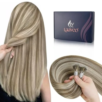 Image of LaaVoo Nano Beads Ring Hair Extensions Light Brown and White Blonde Highlighted Real Human 16 Inch 50 Strands 50g Straight Remy #p8/24