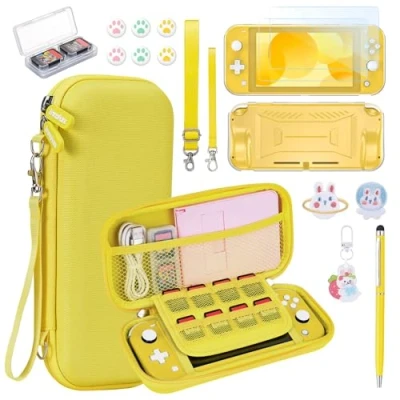 Image of NS Switch Lite Case innoAura 17 in 1 Accessories Bundle with Carrying Case, Game Screen Protector, Stand, Thumb Grips(Yellow)