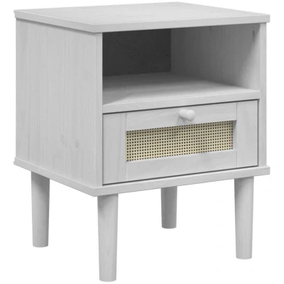 Image of vidaXL SENJA Bedside Cabinet Nightstand White with Rattan Look &amp; Solid Pine Wood Ideal for Bedroom, Living Room, Lounge Ample Storage Drawer Compartment