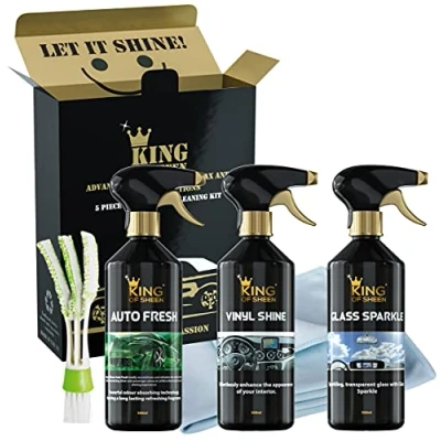 Image of King of Sheen Interior Car Cleaning Kit Auto Fresh 500ml, Vinyl Shine 500ml and Glass Sparkle Professional Microfibre Cloth Mini Detailing Duster