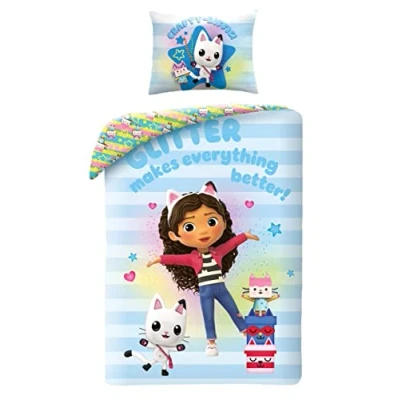 Image of Gabby&#039;s Dollhouse Single Duvet Cover &amp; Pillow Case Set Soft Breathable 100% Cotton Bedding with Pillowcase Reversible for Kids, Girls