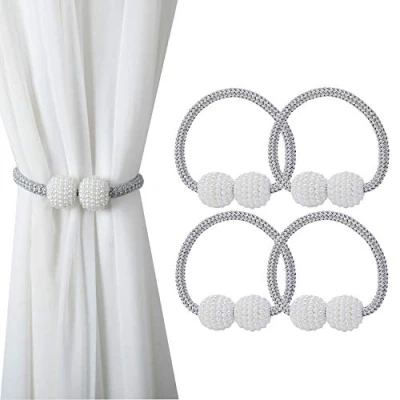 Image of Magnetic Curtain Tie Backs, Clips Rope Holder Buckles Small Bead Buckle Holders for Home Office Hotel Window Decoration (4 PACK, Silver)