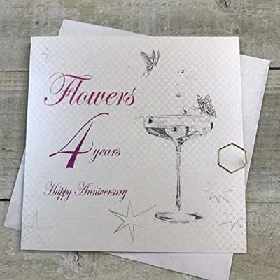 Image of White COTTON CARDS BD104C Coupe Glass Happy Anniversary &#039;Flowers&#039; 4 Years Handmade Card,