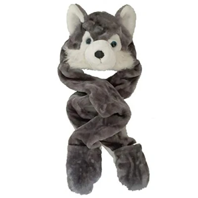 Image of Kids Boys/Girls Childrens Animal Faux Fur Head Trapper Hat Hood Scarf Snood Gloves See Listing For Options One Size (Wolf/Husky.)