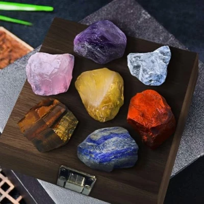 Image of Raw Crystals,Healing Stones Wooden Box Set,7 Chakras Crystals Set,Large 1.2 2.0&quot; Healing Natural Rough Crystal,Natural Crystal Healing,Spiritual Gifts,Meditation,Yoga
