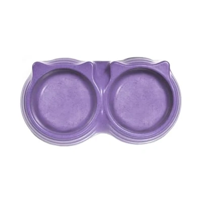 Image of Record Double Bamboo Bowl in the Shape of a Cat Face Non Slip Rubber Pads Dimensions: Diameter 23 cm Each Capacity 2 x 150 ml Lilac Colour Eco Friendly