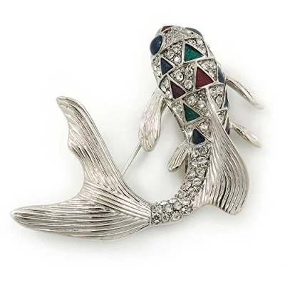 Image of Avalaya Rhodium Plated Diamante &#039;Fish&#039; Brooch 45mm Across
