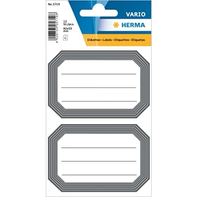 Image of HERMA 5719 Book Labels for Writing on Neutral Grey Border, 12 Pieces, 82 x 55 mm, Self Adhesive Lined Stickers School Kids Girls Boys, Blank Stickers, White