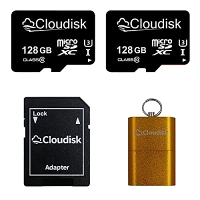 Image of Cloudisk Pack of 2 Micro SD Card 128GB Flash Memory SDXC with Adapter, C10, A2, U3, UHS I