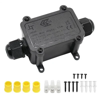 Image of IP68 Waterproof Junction Box, HUYU 2 Way Outdoor Cable Connectors with M20 Gland Wire Connector Electrical Box for 5 12MM Diameter Cable, 3 Pin Terminal, Black