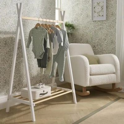 Image of CuddleCo Nola Baby Clothes Rail Dress up Clothing Rack with Shoe Shelf Open Storage Hanging Nursery Furniture White &amp; Natural