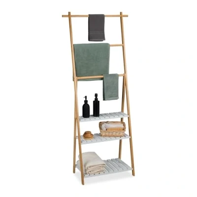 Image of Relaxdays Towel Rack, 3 Bars, 4 Shelves, HWD: 151 x 64.5 32 cm, Bamboo &amp; MDF, Bathroom Clothes Airer, Natural/White, Fibreboard