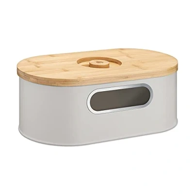 Image of Navaris Bread Bin with Bamboo Lid Taupe Colour Metal Storage Container Window and Wooden Chopping Board Vintage Style Kitchen Box Tin
