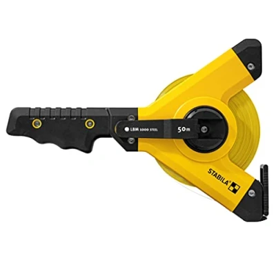 Image of Stabila Frame Tape Measure LBM 1000 STEEL, 50 m, Steel Measuring with Metric Scale and Nylon Wrap Coating, Universal Hook, Shatterproof Frame, MID Accuracy, 1000, Black/Yellow