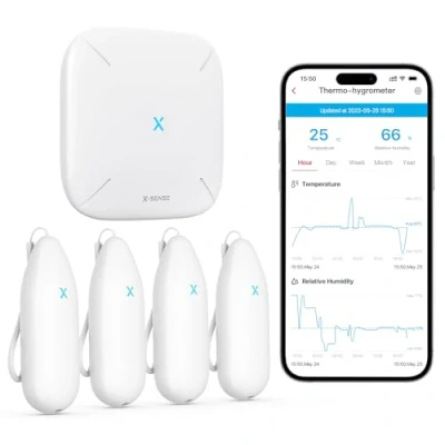 Image of X Sense WiFi Hygrometer Thermometer 4 Pack+ Base Station SBS50, Smart Temperature Monitor Wireless, Mini Humidity Sensor with Notification Alert, Free Data Storage Export, Compatible Alexa