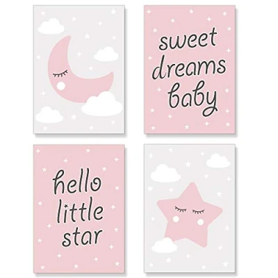 Image of PREMYO Wall Art Prints Nursery Decor Baby Room Decoration Girl Kids Poster Set Star Moon Cloud Pink Picture A4 Size