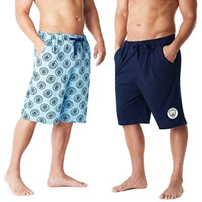 Image of MANCHESTER City F.C. Mens Shorts, 2 Pack Cotton Lounge Man Gifts (M, Light Blue/Navy)