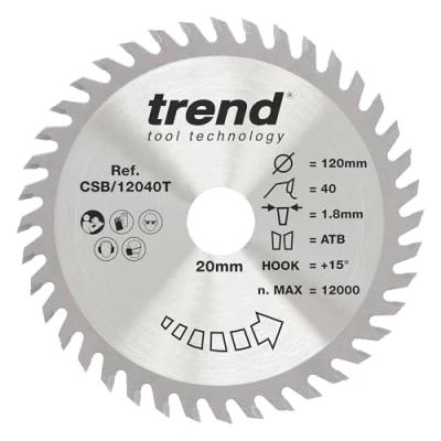 Image of Trend Wood Cordless Circular Saw Blade, 120mm Diameter, 20mm Bore, 40 Teeth, TCT, 1.8mm Kerf, +15 Hook, CSB/12040T