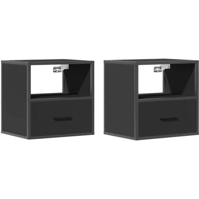 Image of vidaXL 2 Piece Modern Black Wall Mounted Bedside Cabinets/Nightstands with Drawer/Shelf 40x31x39.5 cm Engineered Wood/Metal