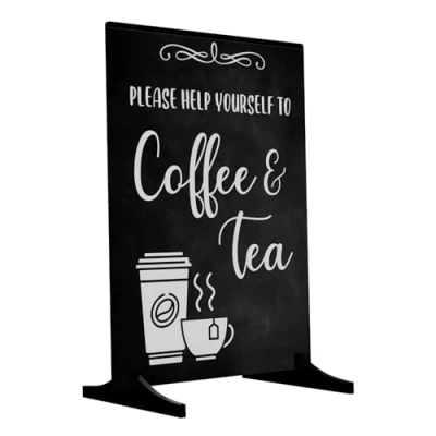 Image of Please Help Yourself To Coffee &amp; Tea Sign/Notice Freestanding sign for Guests, Customers, Clients Mornings, Meetings, Conferences where refreshments are served. A4 Size with Wood Stand.