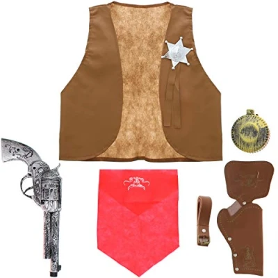 Image of Zac&#039;s Alter Ego Fancy Dress Cowboy Kit Vest with Sheriff Badge, Flask, Neckerchief, Holster &amp; Gun