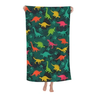 Image of iftoday Dinosaur Beach Towel Microfiber Cute Cartoon Dino Large Oversized Bath Towels for Kids Adults, Sand Free Bathroom Pool Travel Swim 32x52 Inch