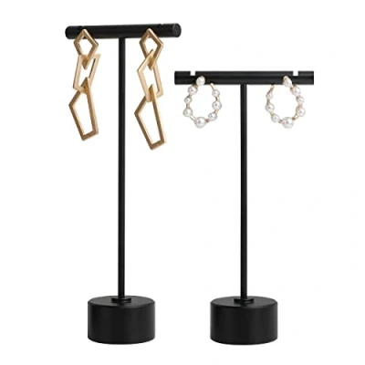Image of GemeShou 2pcs Black Earring T bar Display stand, Metal Holder for retail selling, small Jewelry photography props Show【Black Round Base 2pcs】