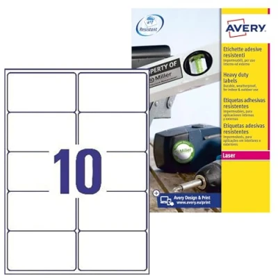 Image of Avery Weatherproof/Waterproof, Parcel Mailing Labels, Laser Printers, L7992 25, White, 25 Per A4 Sheet.