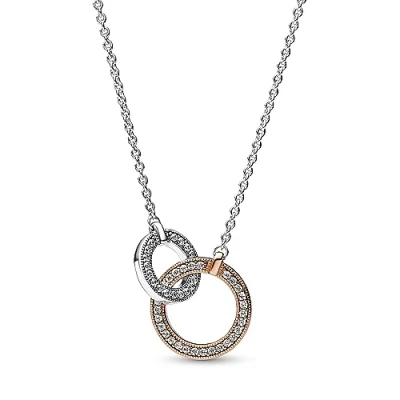 Image of Pandora Signature Two tone Intertwined Circles sterling silver and 14k rose gold plated necklace with clear cubic zirconia