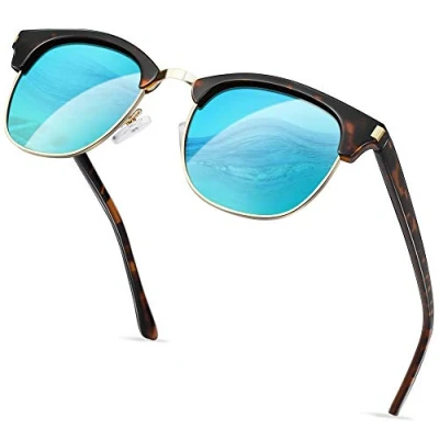 Image of KANASTAL Tortoise Blue Sunglasses Mens Half Frame Mirrored Polarised Women Vintage Retro Navy Ladies Tortoiseshell Framed Lens