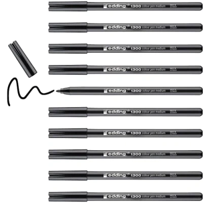 Image of edding 1300 colour pen medium black 10 pens round nib 2 mm felt for drawing and writing school, mandalas, bullet journals