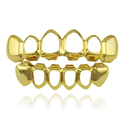 Image of Sadiyamo Shiny Hip Hop Teeth Grillz Caps Iced Out CZ Top and Bottom Vampire Fangs for Men Women