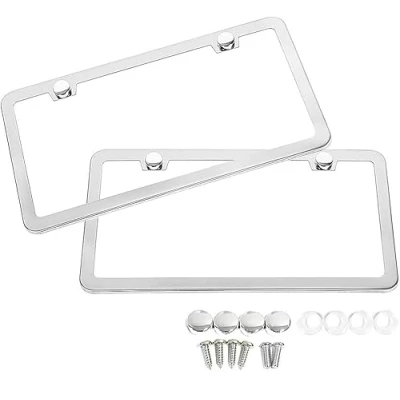 Image of SunplusTrade 2 Stainless Steel Polish Mirror License Plate Frame + Chrome Screw Caps (Silver)