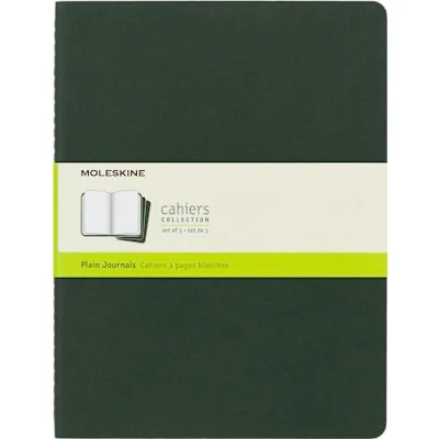Image of Moleskine Cahier Journal, Set 3 Notebooks with Plain Pages, Cardboard Cover Visible Cotton Stiching, Colour Myrtle Green, Extra Large 19 x 25 cm, 120 Pages